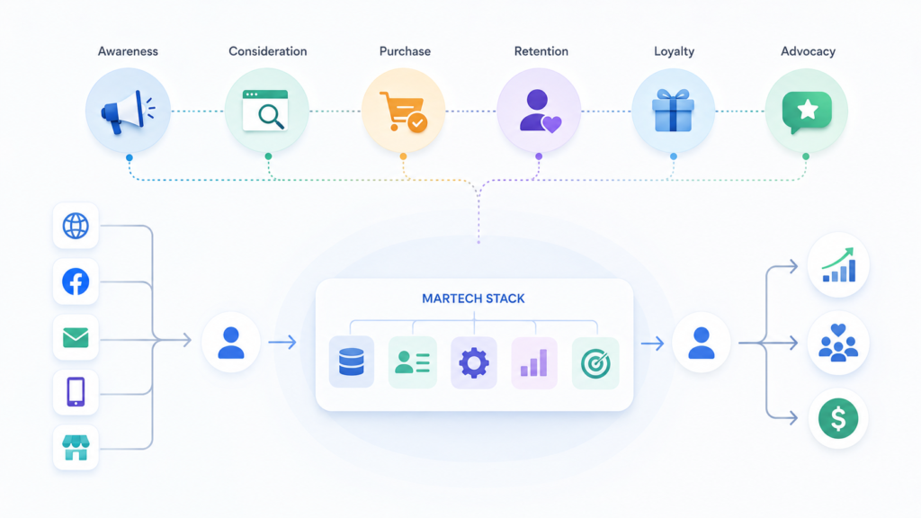 Sơ đồ customer journey được kết nối qua martech stack