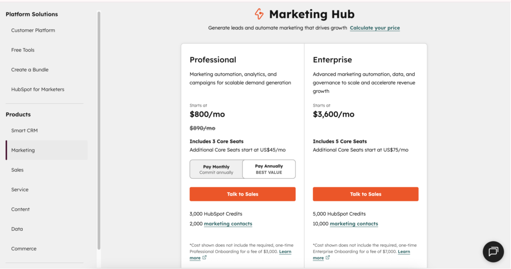 Bảng giá HubSpot Marketing Hub
