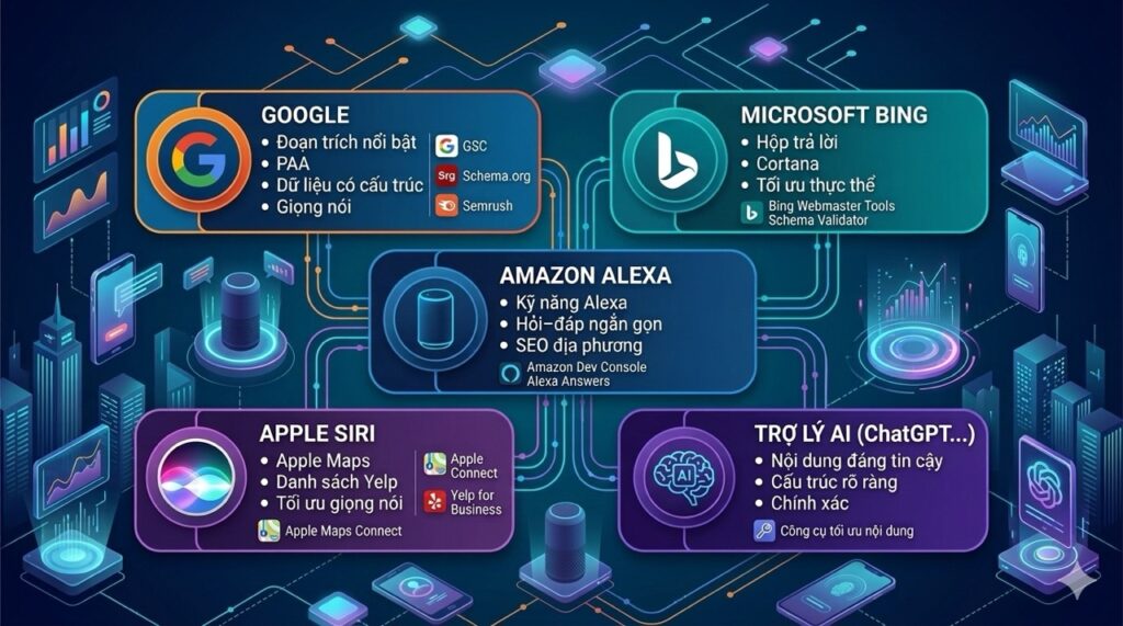 Infographic tổng hợp các chiến lược tối ưu hóa công cụ trả lời (AEO) trên Google, Microsoft Bing, Amazon Alexa, Apple Siri và trợ lý AI